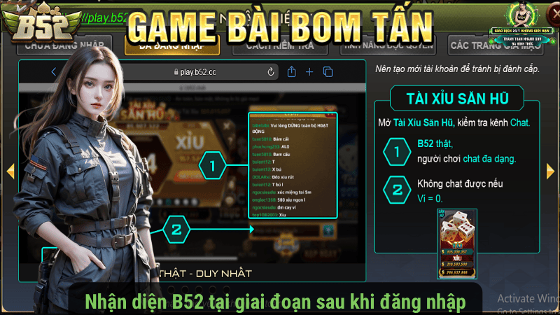 Nhận diện B52 tại giai đoạn sau khi đăng nhập